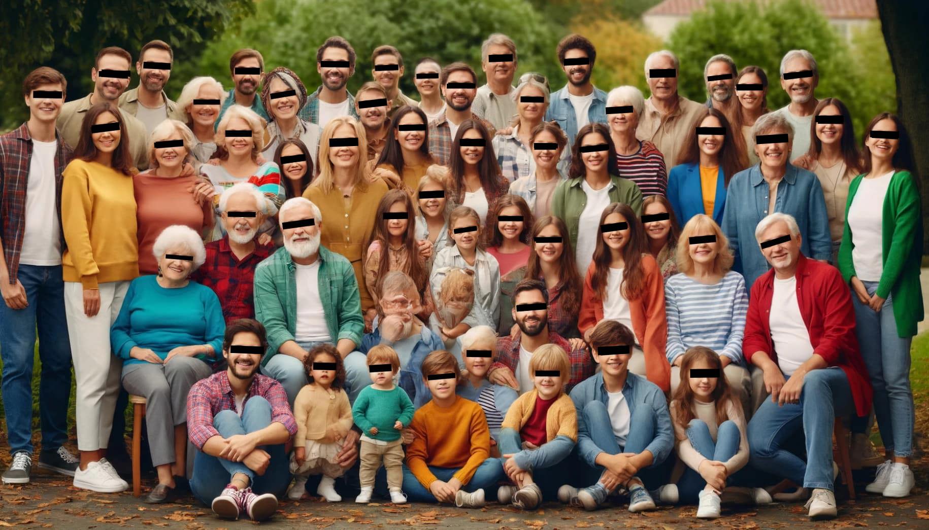 A group of people, each with a black rectangle covering the eye region.