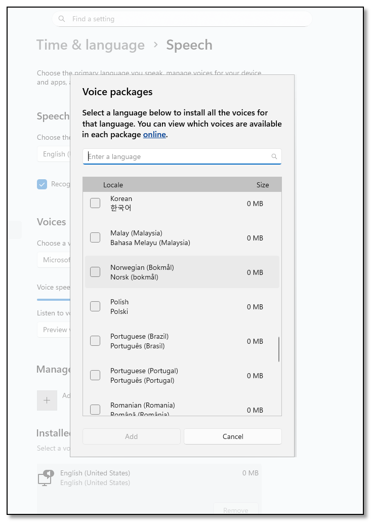All language packs shown with size = 0 MB.