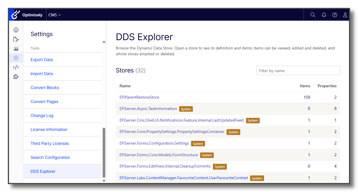 DDS Explorer, view all stores.